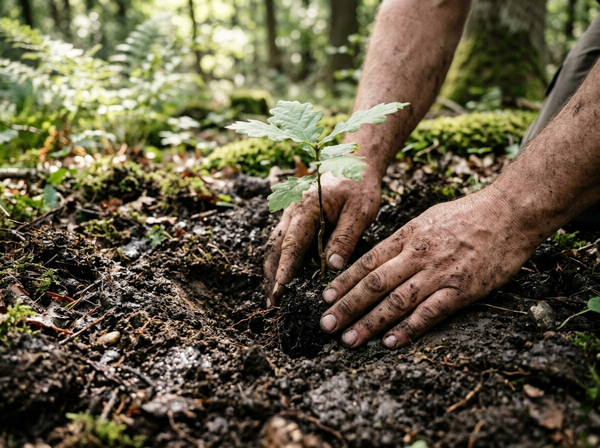 Junger Baum wird in den Waldboden gepflanzt
